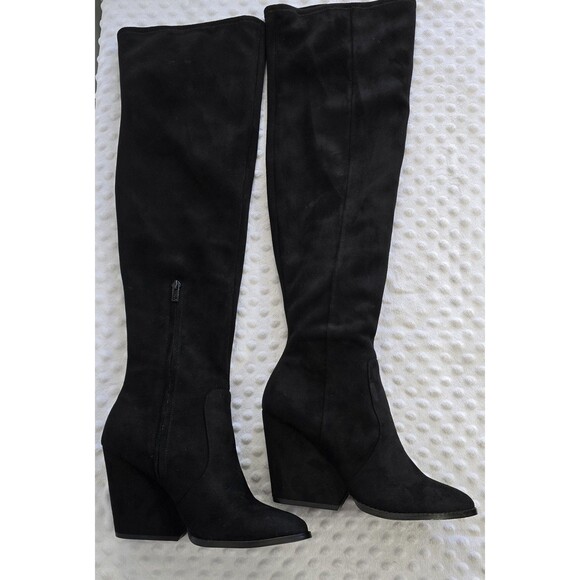 Calvin Klein Wedge Boots Size 8.5 Black Suede Zipper Catia Thigh High Sexy Nice - Picture 1 of 16